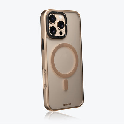 Apple iPhone 16 Pro Max Kılıf M-safe Şarj Özellikli Cam Arka Yüzey TPU Youngkit Gemstone Serisi Kapak Gold