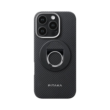 Apple iPhone 16 Pro Max Kılıf M-safe Şarj Özellikli Grip 3 Standlı Aramid Fiber Pitaka Military Grade Classic Serisi Black-Grey Twill Kapak Siyah-Gri