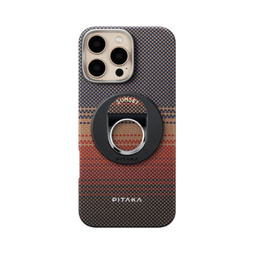 Apple iPhone 16 Pro Max Kılıf M-safe Şarj Özellikli Grip 3 Standlı Aramid Fiber Pitaka Tactile Woven Sunset-Moonrise Serisi Sunset Kapak Kahverengi