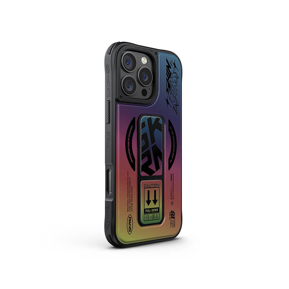 Apple iPhone 16 Pro Max Kılıf M-safe Şarj Özellikli Holografik Tasarımlı Standlı Deri Görünümlü Skinarma Kira Kobai Kapak Colorful