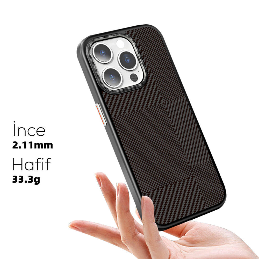 Apple iPhone 16 Pro Max Kılıf M-safe Şarj Özellikli Karbon Fiber Desenli Mutural Montage Kapak Kahverengi