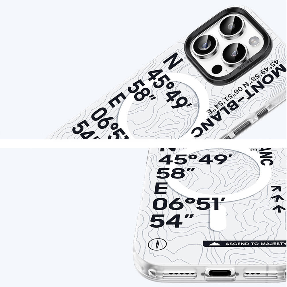 Apple iPhone 16 Pro Max Kılıf M-safe Şarj Özellikli Koordinat Yazı Desenli Benks Summit Serisi Kapak Beyaz