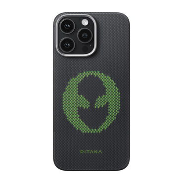 Apple iPhone 16 Pro Max Kılıf M-safe Şarj Özellikli Lumintex Teknolojili Fosforlu Aramid Fiber Pitaka Tactile Woven Aries Serisi Alien Kapak Siyah