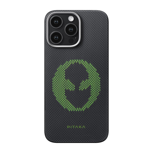 Apple iPhone 16 Pro Max Kılıf M-safe Şarj Özellikli Lumintex Teknolojili Fosforlu Aramid Fiber Pitaka Tactile Woven Aries Serisi Alien Kapak Siyah
