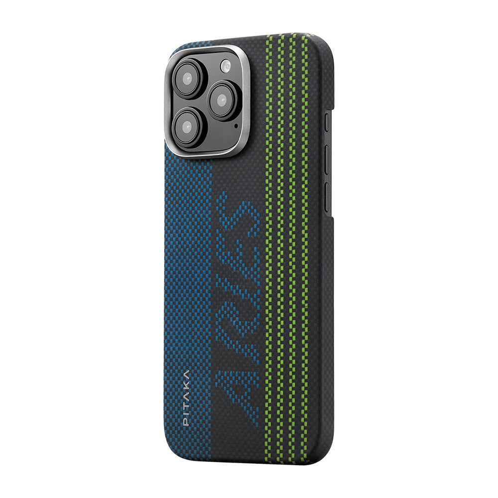 Apple iPhone 16 Pro Max Kılıf M-safe Şarj Özellikli Lumintex Teknolojili Fosforlu Aramid Fiber Pitaka Tactile Woven Aries Serisi Credit Card Kapak Yeşil-Mavi