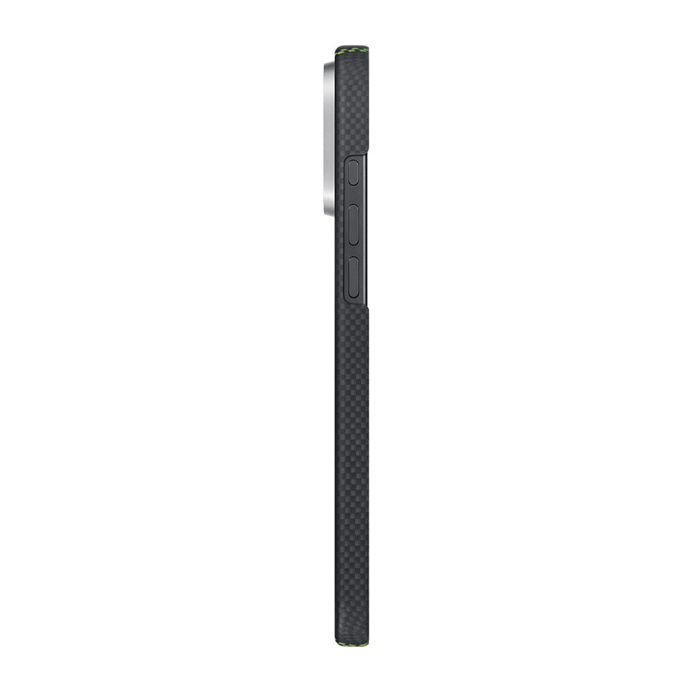 Apple iPhone 16 Pro Max Kılıf M-safe Şarj Özellikli Lumintex Teknolojili Fosforlu Aramid Fiber Pitaka Tactile Woven Aries Serisi Credit Card Kapak Yeşil-Mavi