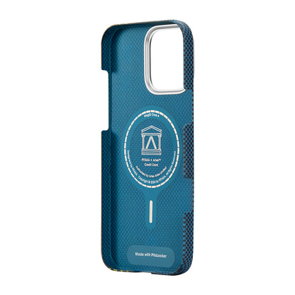 Apple iPhone 16 Pro Max Kılıf M-safe Şarj Özellikli Lumintex Teknolojili Fosforlu Aramid Fiber Pitaka Tactile Woven Aries Serisi Credit Card Kapak Yeşil-Mavi