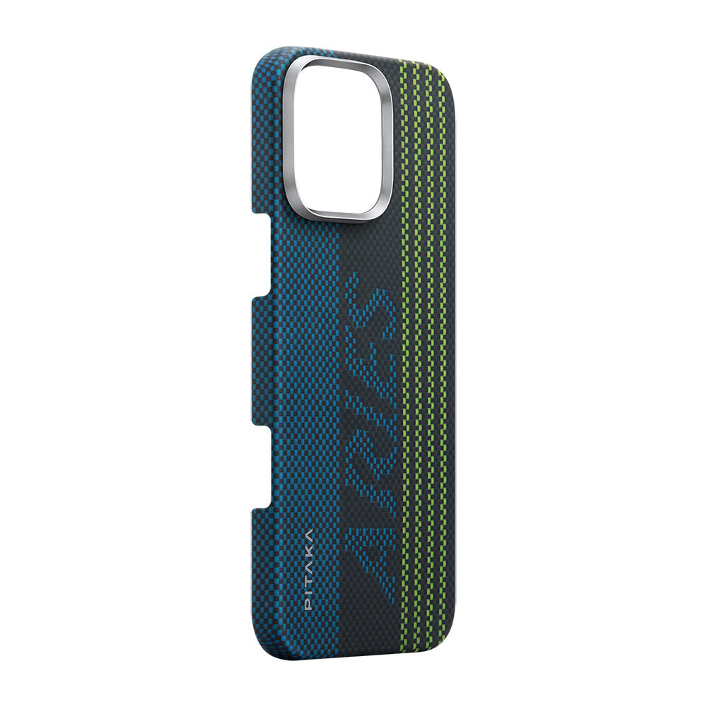 Apple iPhone 16 Pro Max Kılıf M-safe Şarj Özellikli Lumintex Teknolojili Fosforlu Aramid Fiber Pitaka Tactile Woven Aries Serisi Credit Card Kapak Yeşil-Mavi