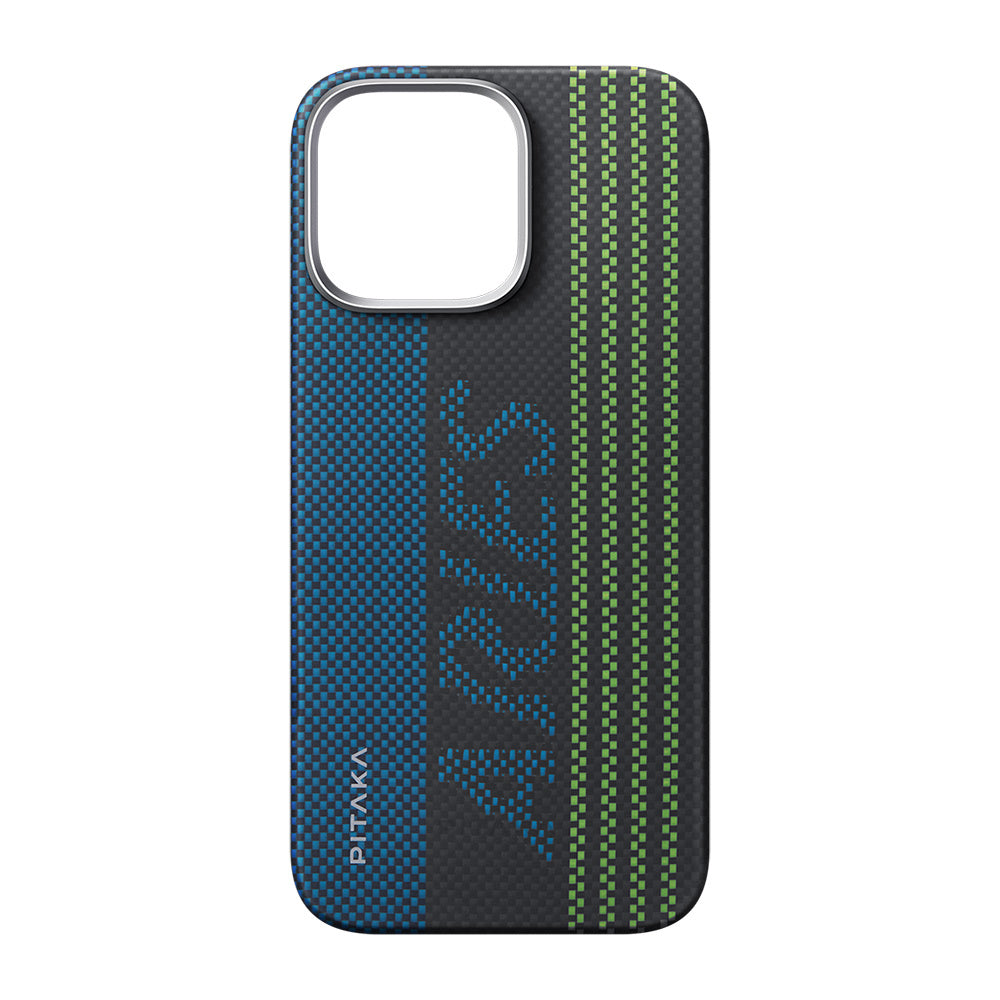 Apple iPhone 16 Pro Max Kılıf M-safe Şarj Özellikli Lumintex Teknolojili Fosforlu Aramid Fiber Pitaka Tactile Woven Aries Serisi Credit Card Kapak Yeşil-Mavi