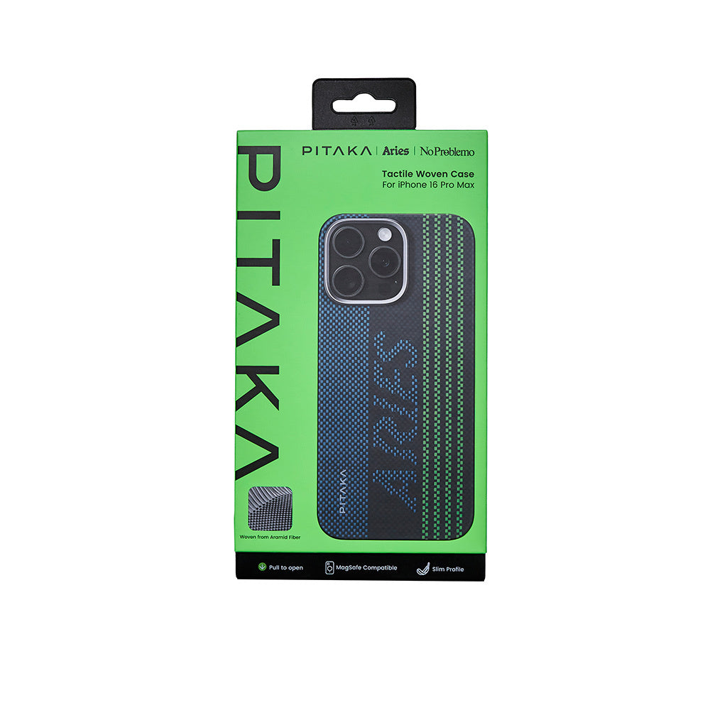 Apple iPhone 16 Pro Max Kılıf M-safe Şarj Özellikli Lumintex Teknolojili Fosforlu Aramid Fiber Pitaka Tactile Woven Aries Serisi Credit Card Kapak Yeşil-Mavi