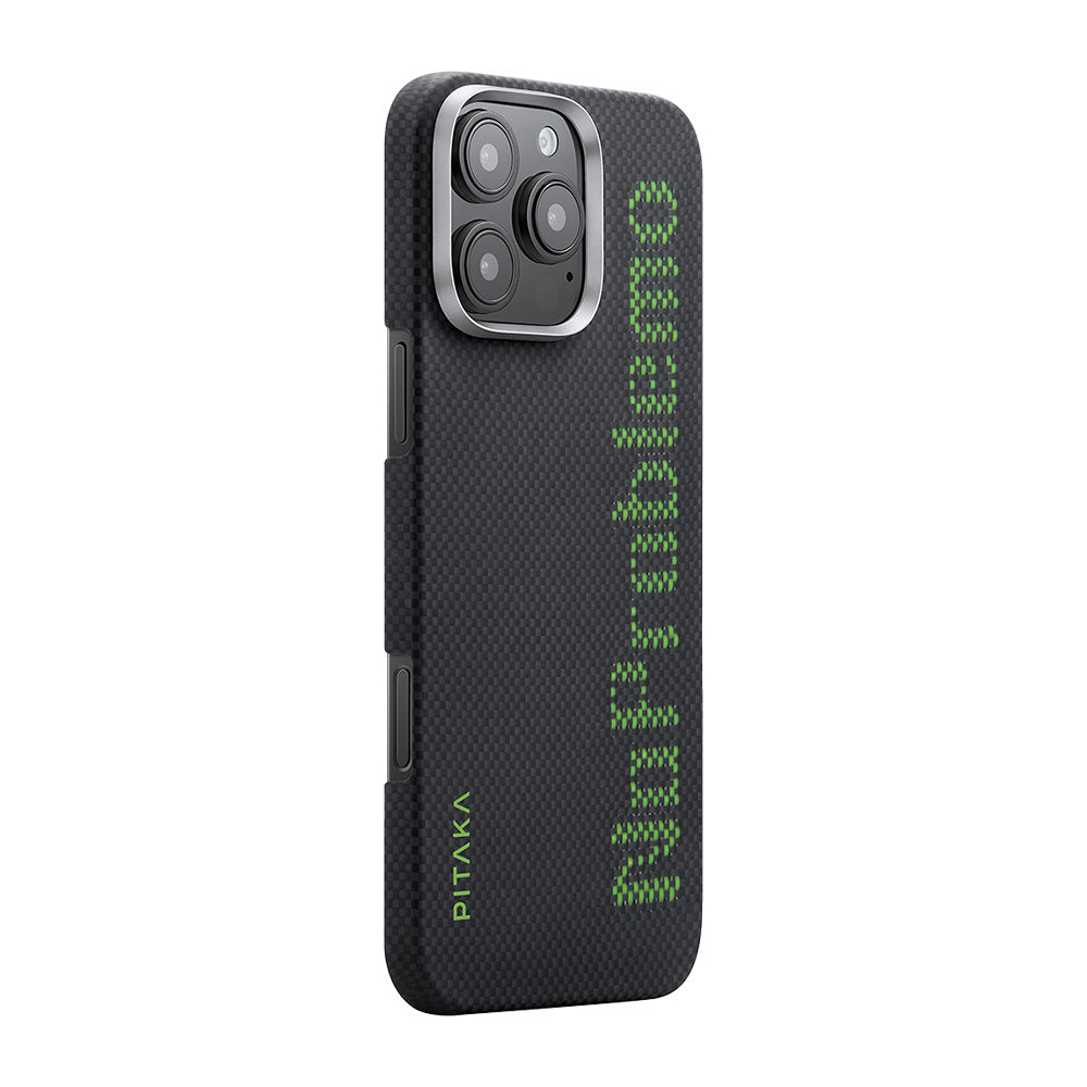 Apple iPhone 16 Pro Max Kılıf M-safe Şarj Özellikli Lumintex Teknolojili Fosforlu Aramid Fiber Pitaka Tactile Woven Aries Serisi NoProblemo Kapak Siyah