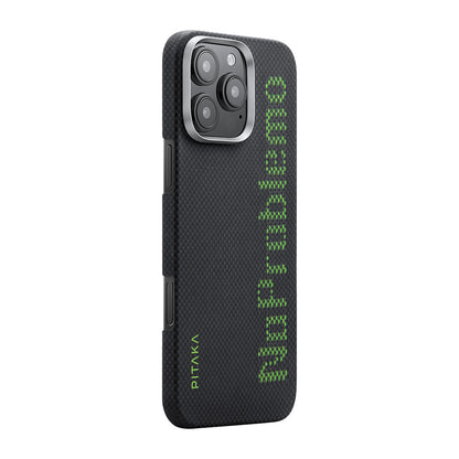 Apple iPhone 16 Pro Max Kılıf M-safe Şarj Özellikli Lumintex Teknolojili Fosforlu Aramid Fiber Pitaka Tactile Woven Aries Serisi NoProblemo Kapak Siyah