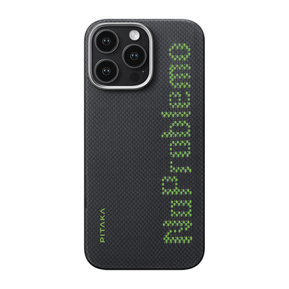 Apple iPhone 16 Pro Max Kılıf M-safe Şarj Özellikli Lumintex Teknolojili Fosforlu Aramid Fiber Pitaka Tactile Woven Aries Serisi NoProblemo Kapak Siyah