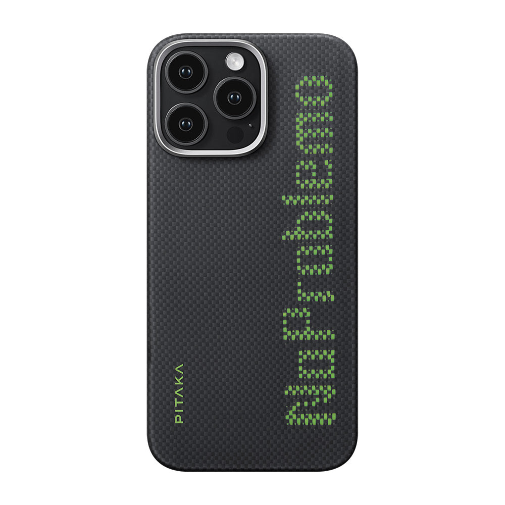 Apple iPhone 16 Pro Max Kılıf M-safe Şarj Özellikli Lumintex Teknolojili Fosforlu Aramid Fiber Pitaka Tactile Woven Aries Serisi NoProblemo Kapak Siyah