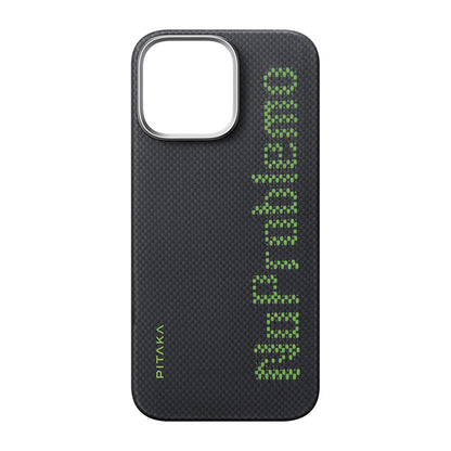 Apple iPhone 16 Pro Max Kılıf M-safe Şarj Özellikli Lumintex Teknolojili Fosforlu Aramid Fiber Pitaka Tactile Woven Aries Serisi NoProblemo Kapak Siyah