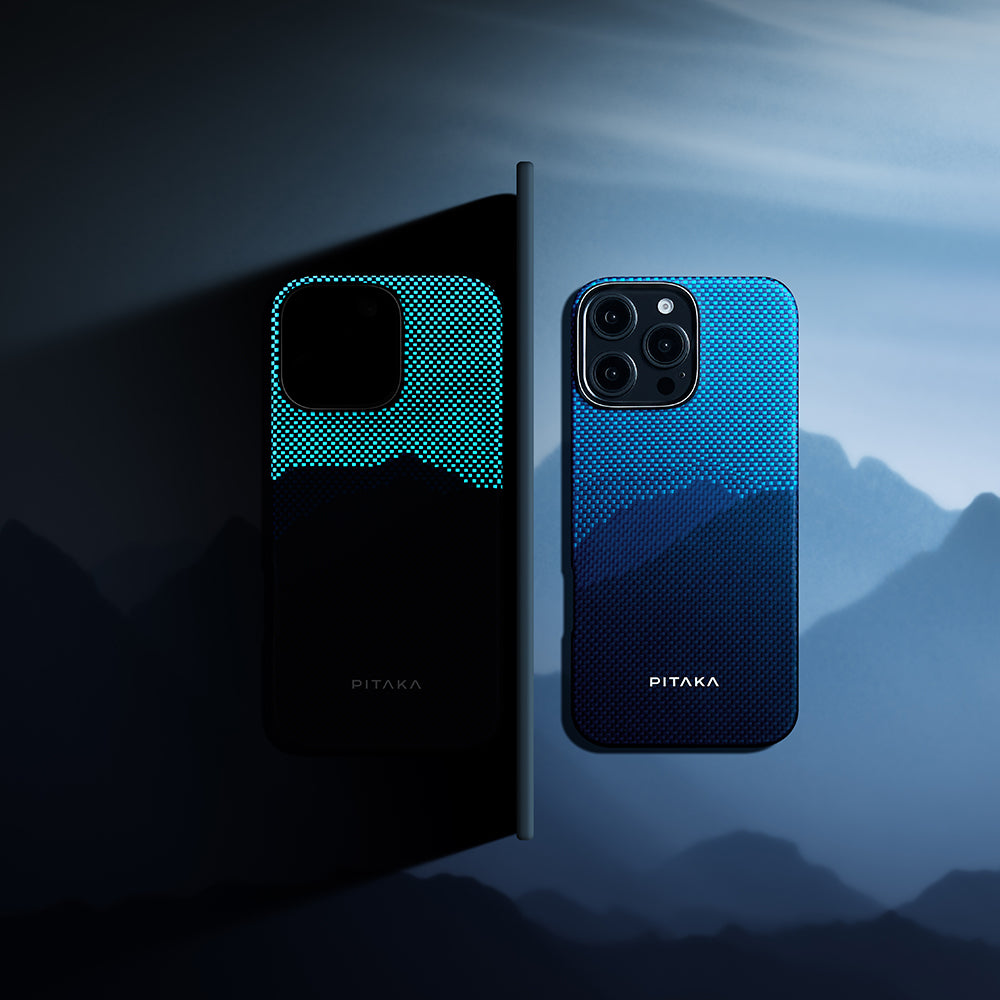 Apple iPhone 16 Pro Max Kılıf M-safe Şarj Özellikli Lumintex Teknolojili Fosforlu Özellikli Aramid Fiber Pitaka Tactile Woven Starpeak Serisi Over The Horizon Kapak Mavi