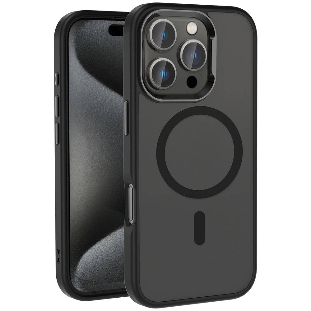 Apple iPhone 16 Pro Max Kılıf M-safe Şarj Özellikli Parlak Kamera Çerçeveli Zore Kost Kapak Siyah