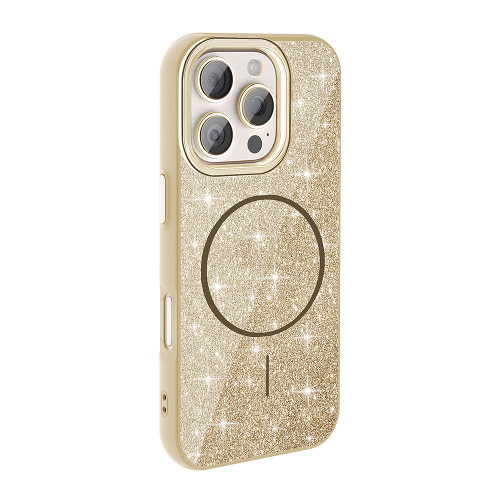 Apple iPhone 16 Pro Max Kılıf M-safe Şarj Özellikli Parlayan Simli Zore Okso Kapak Gold