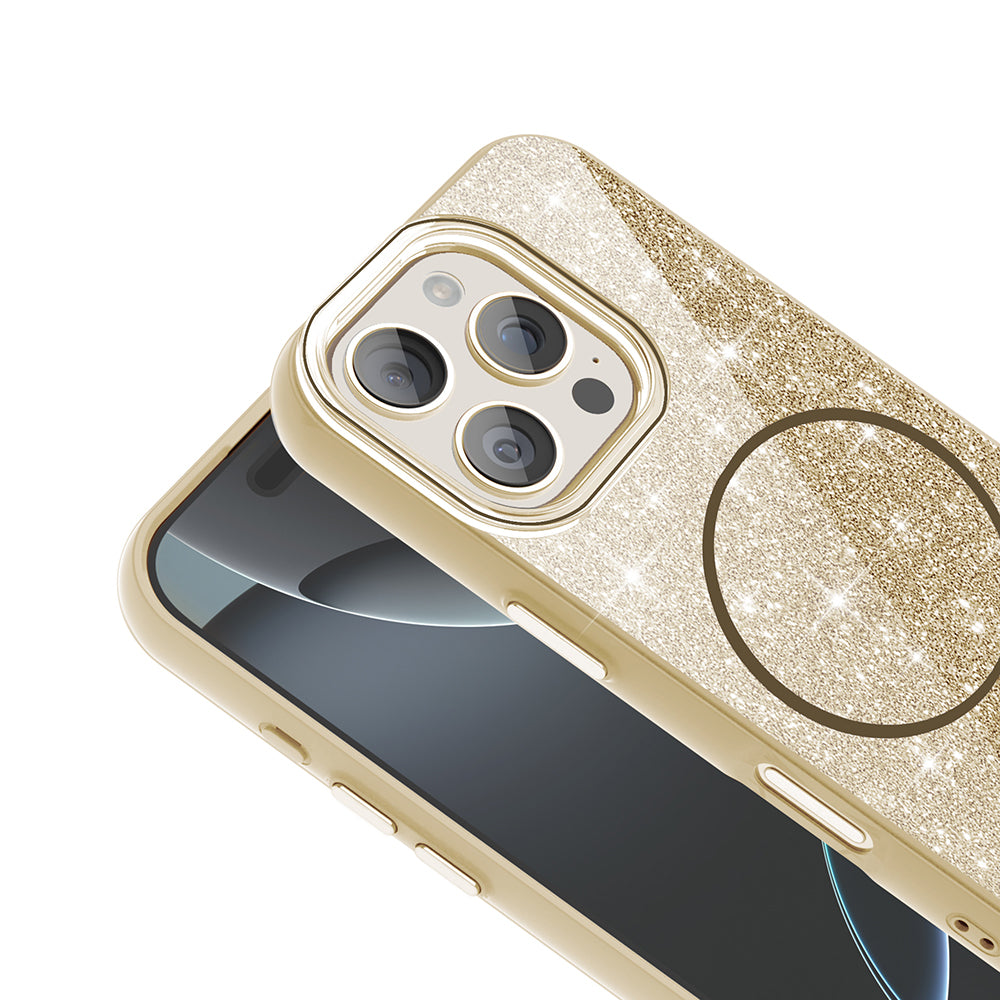 Apple iPhone 16 Pro Max Kılıf M-safe Şarj Özellikli Parlayan Simli Zore Okso Kapak Beyaz