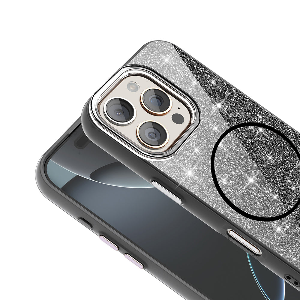 Apple iPhone 16 Pro Max Kılıf M-safe Şarj Özellikli Parlayan Simli Zore Okso Kapak Pembe