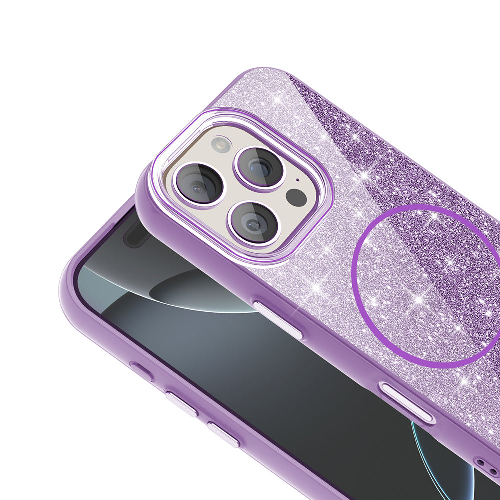 Apple iPhone 16 Pro Max Kılıf M-safe Şarj Özellikli Parlayan Simli Zore Okso Kapak Pembe