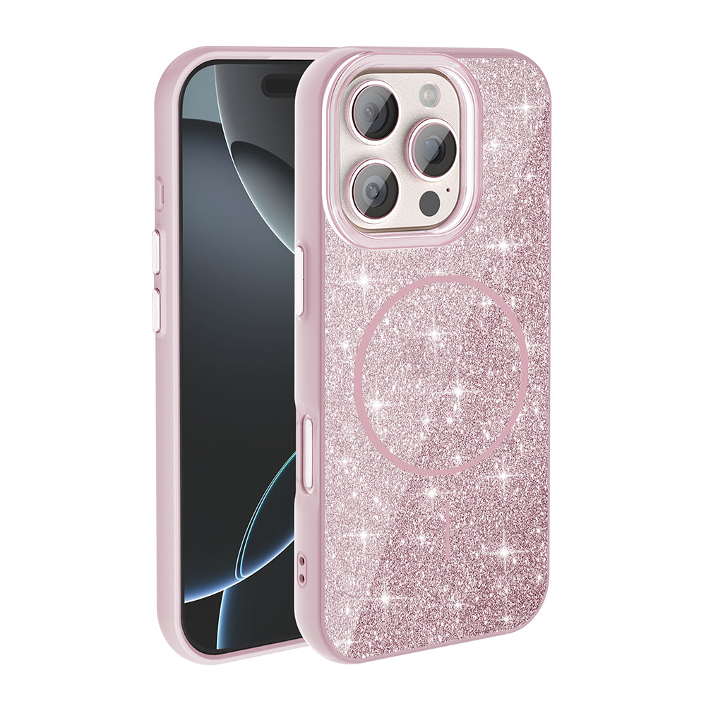 Apple iPhone 16 Pro Max Kılıf M-safe Şarj Özellikli Parlayan Simli Zore Okso Kapak Pembe