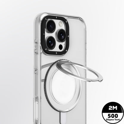 Apple iPhone 16 Pro Max Kılıf M-safe Şarj Özellikli Parmak Ring Standlı Youngkit Pivot Serisi Kapak Şeffaf