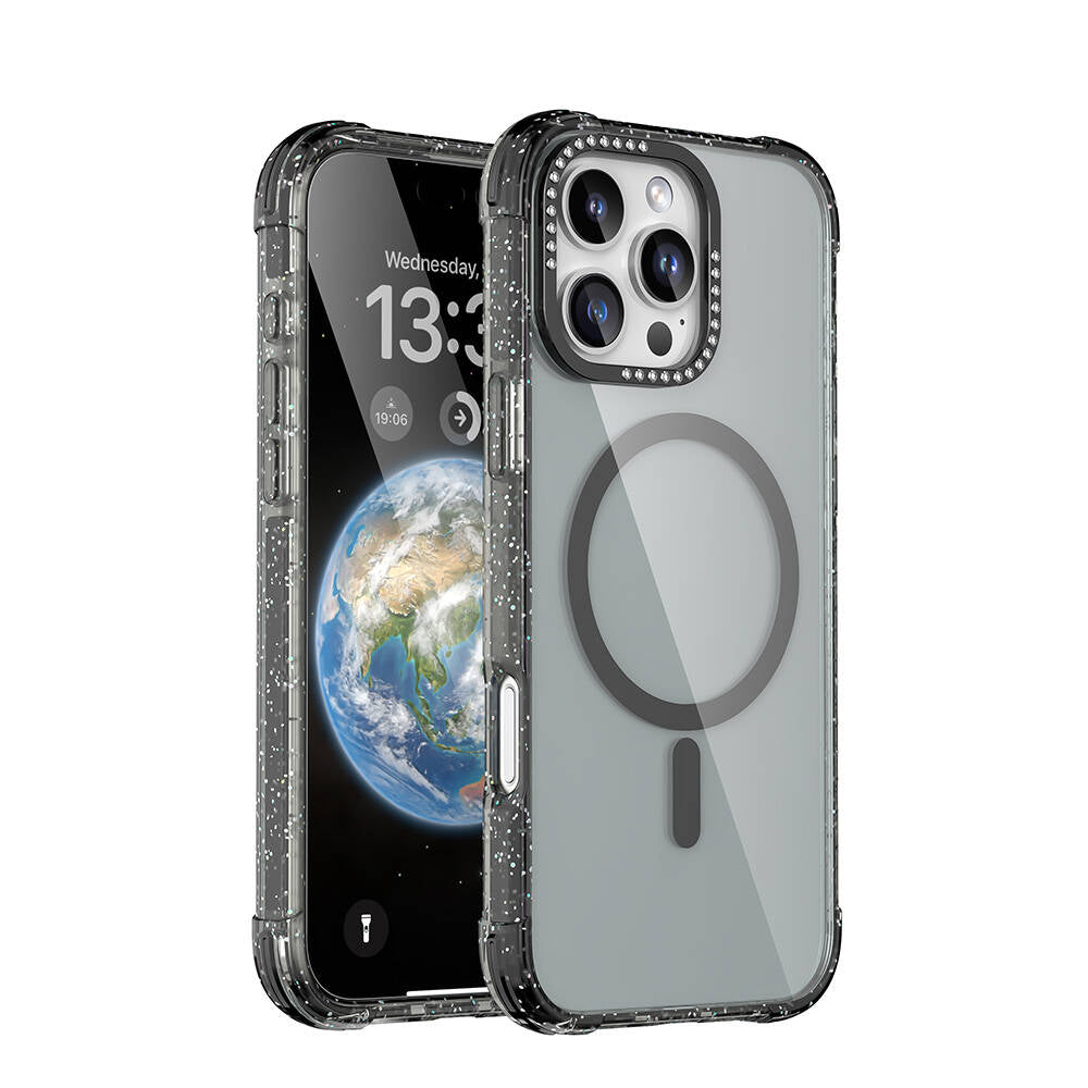 Apple iPhone 16 Pro Max Kılıf M-safe Şarj Özellikli Taşlı ve Simli Tasarım Mutural Blink Kapak Turuncu