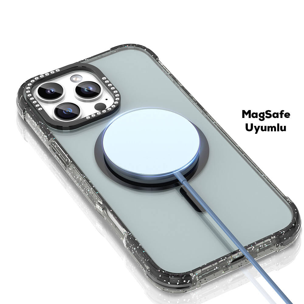 Apple iPhone 16 Pro Max Kılıf M-safe Şarj Özellikli Taşlı ve Simli Tasarım Mutural Blink Kapak Turuncu