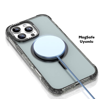 Apple iPhone 16 Pro Max Kılıf M-safe Şarj Özellikli Taşlı ve Simli Tasarım Mutural Blink Kapak Turuncu