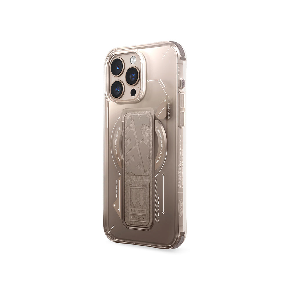 Apple iPhone 16 Pro Max Kılıf M-safe Şarj Özellikli Teknoloji Desenli Standlı Skinarma Helio Kapak Gold