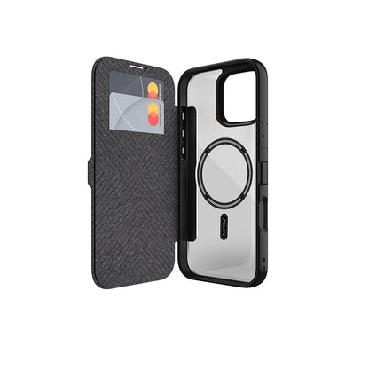 Apple iPhone 16 Pro Max Kılıf M-safe Şarj Özellikli Vegan Deri Tasarımlı Şeffaf Arka Yüzey Kartlıklı Raptic Urban Folio Serisi Kapak Siyah