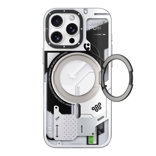 Apple iPhone 16 Pro Max Kılıf M-safe Şarj Özellikli Youngkit 360° Standlı Starship Serisi Kapak Beyaz