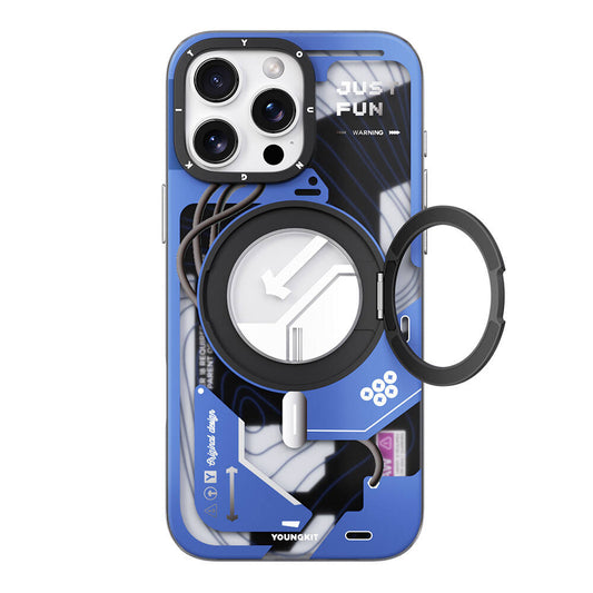 Apple iPhone 16 Pro Max Kılıf M-safe Şarj Özellikli Youngkit 360° Standlı Starship Serisi Kapak Mavi