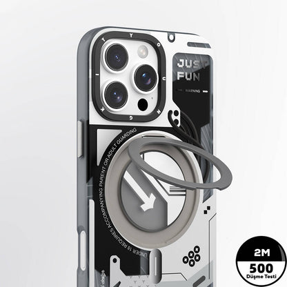 Apple iPhone 16 Pro Max Kılıf M-safe Şarj Özellikli Youngkit 360° Standlı Starship Serisi Kapak Beyaz
