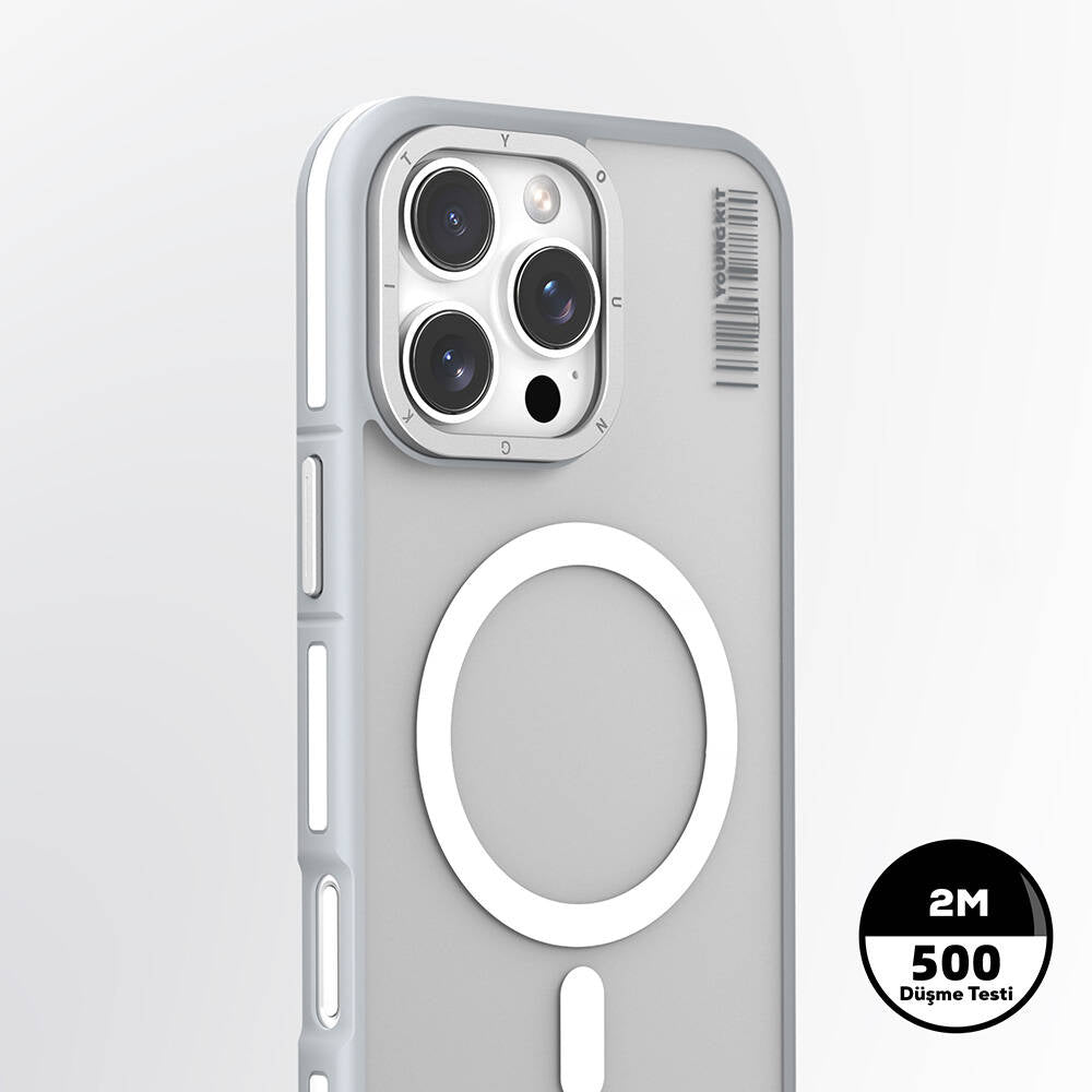 Apple iPhone 16 Pro Max Kılıf M-safe Şarj Özellikli Youngkit Rock Sand Serisi Kapak Gri