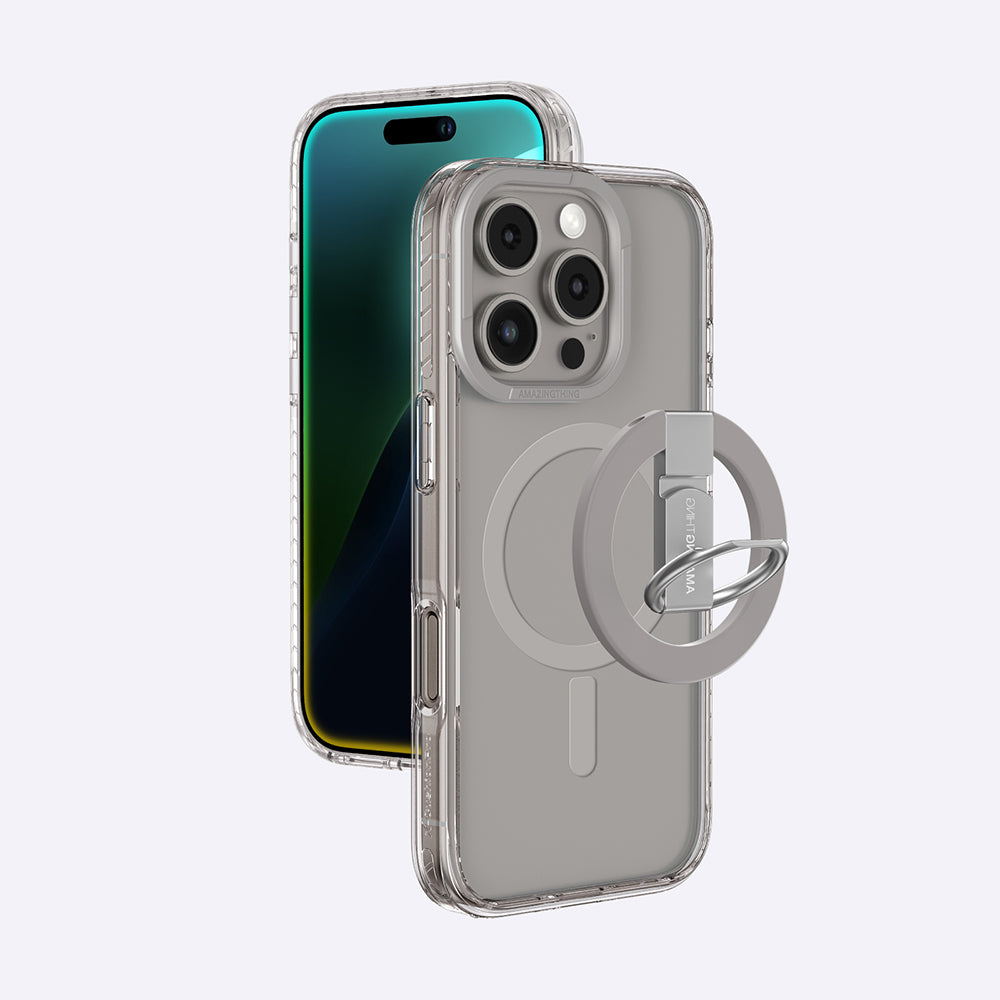 Apple iPhone 16 Pro Max Kılıf M-safe Şarj Özellikli Yüzük Standlı Amazingthing Titan Pro Serisi Kapak Gri