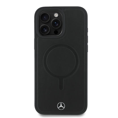 Apple iPhone 16 Pro Max Kılıf Mercedes Benz Orjinal Lisanslı M-safe Şarj Özellikli Metal Yıldız Logolu Sade Pürüzsüz Deri Kapak Siyah