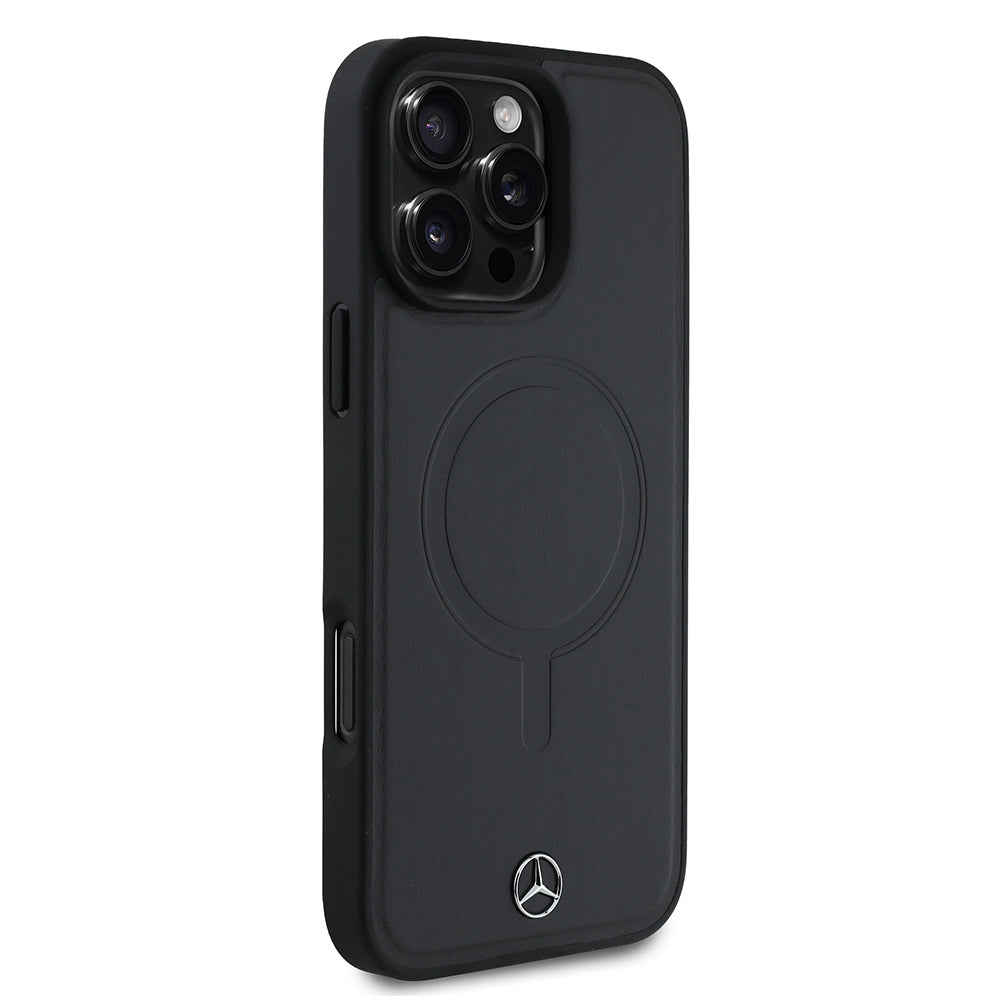Apple iPhone 16 Pro Max Kılıf Mercedes Benz Orjinal Lisanslı M-safe Şarj Özellikli Metal Yıldız Logolu Sade Pürüzsüz Deri Kapak Siyah