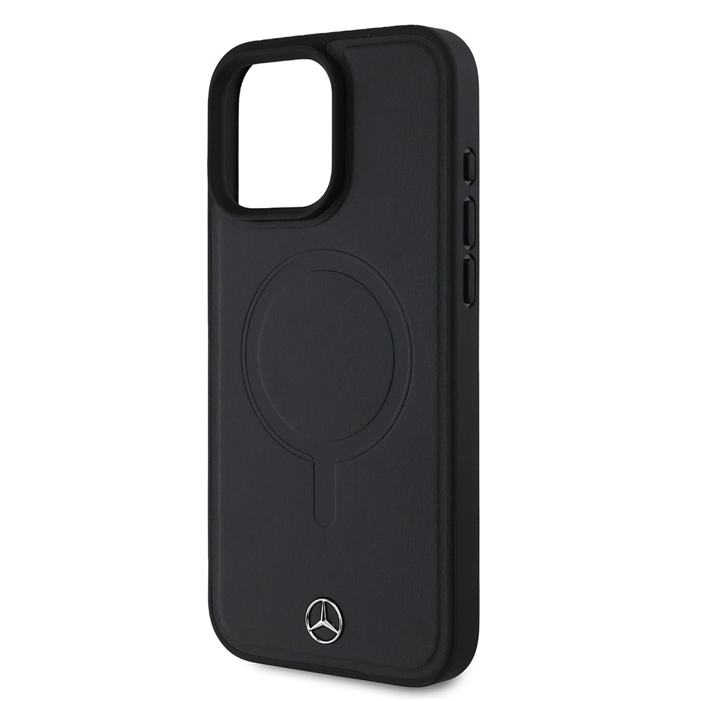 Apple iPhone 16 Pro Max Kılıf Mercedes Benz Orjinal Lisanslı M-safe Şarj Özellikli Metal Yıldız Logolu Sade Pürüzsüz Deri Kapak Siyah