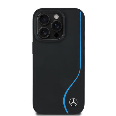 Apple iPhone 16 Pro Max Kılıf Mercedes Benz Orjinal Lisanslı M-safe Şarj Özellikli 3D Metal Logolu Mavi Dikey Eğri Çizgili Deri Kapak Siyah