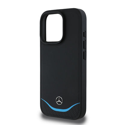 Apple iPhone 16 Pro Max Kılıf Mercedes Benz Orjinal Lisanslı M-safe Şarj Özellikli 3D Metal Logolu Mavi Yatay Eğri Çizgili Deri Kapak Siyah