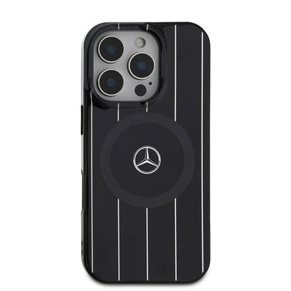 Apple iPhone 16 Pro Max Kılıf Mercedes Benz Orjinal Lisanslı M-safe Şarj Özellikli Çift Katmanlı Paralel Çizgi Desenli Kapak Siyah