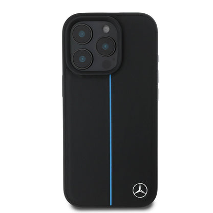 Apple iPhone 16 Pro Max Kılıf Mercedes Benz Orjinal Lisanslı M-safe Şarj Özellikli Metal Yıldız Logolu Mavi Çizgili Deri Kapak Siyah