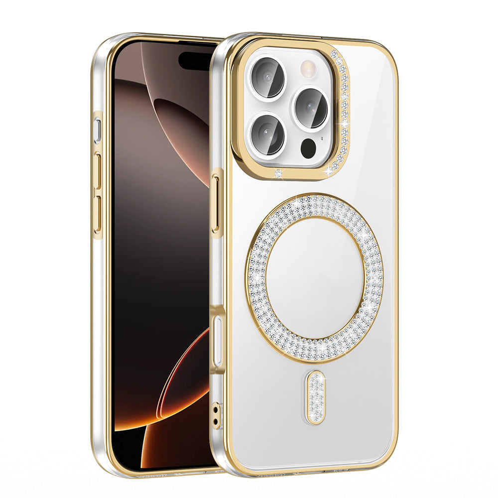 Apple iPhone 16 Pro Max Kılıf Pırlanta Taş Tasarımlı M-safe Şarj Özellikli Zore Karetta Silikon Kapak Gümüş