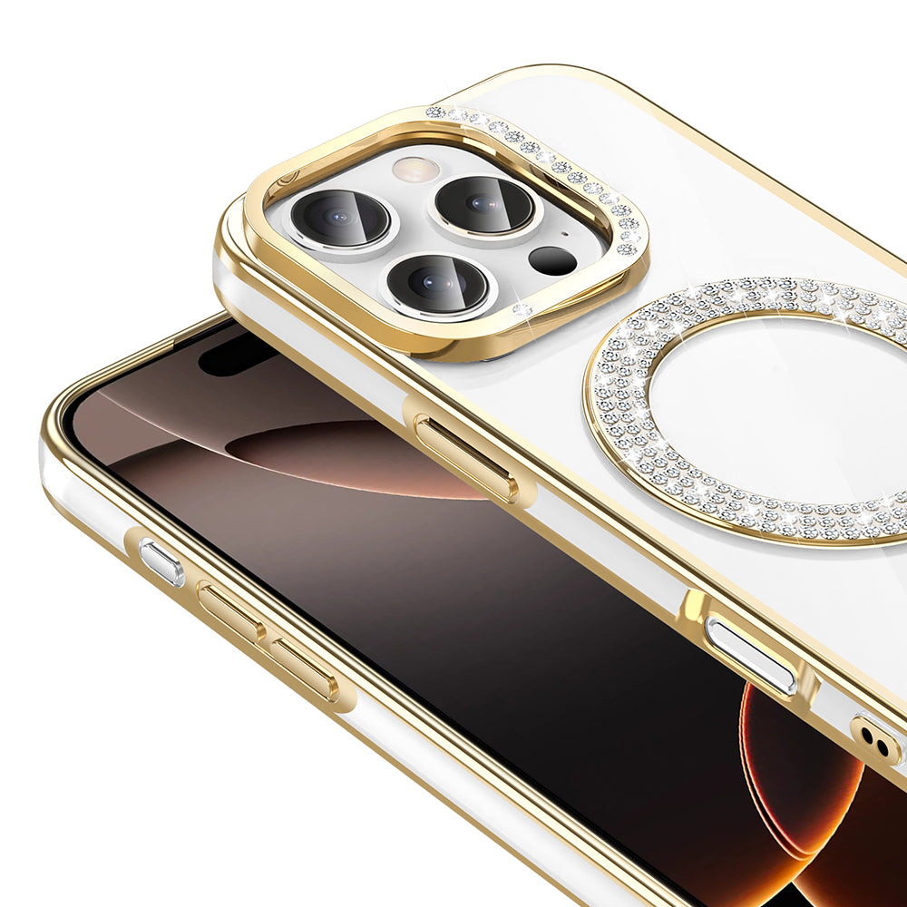 Apple iPhone 16 Pro Max Kılıf Pırlanta Taş Tasarımlı M-safe Şarj Özellikli Zore Karetta Silikon Kapak Gold