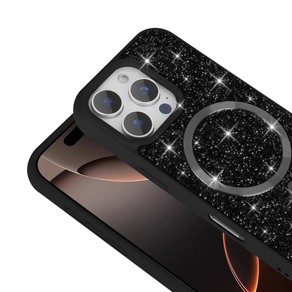 Apple iPhone 16 Pro Max Kılıf Pırlanta Tasarımlı M-safe Şarj Özellikli Zore Mozaik Silikon Kapak Siyah