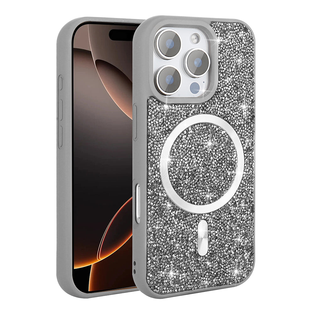 Apple iPhone 16 Pro Max Kılıf Pırlanta Tasarımlı M-safe Şarj Özellikli Zore Mozaik Silikon Kapak Desert Titanyum