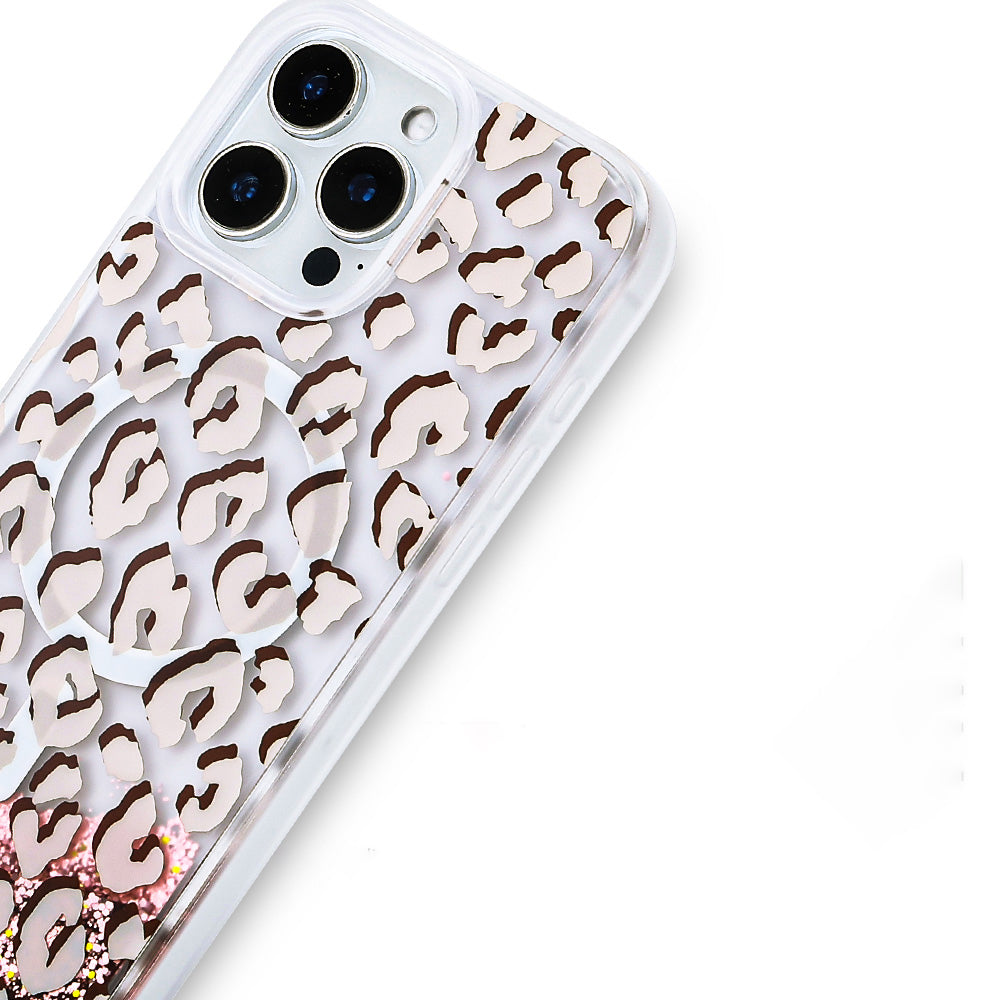 Apple iPhone 16 Pro Max Kılıf Sıvılı Simli Baskılı Şeffaf Arka Yüzey Zore Mossa Silikon Kapak Gold