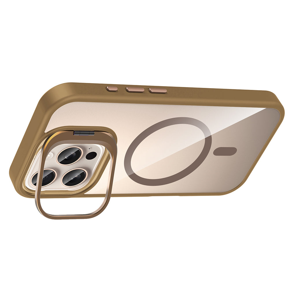 Apple iPhone 16 Pro Max Kılıf Standlı ve Kamera Lens Hediyeli M-Safe Şarj Özellikli Zore Etro Kapak Desert Titanyum